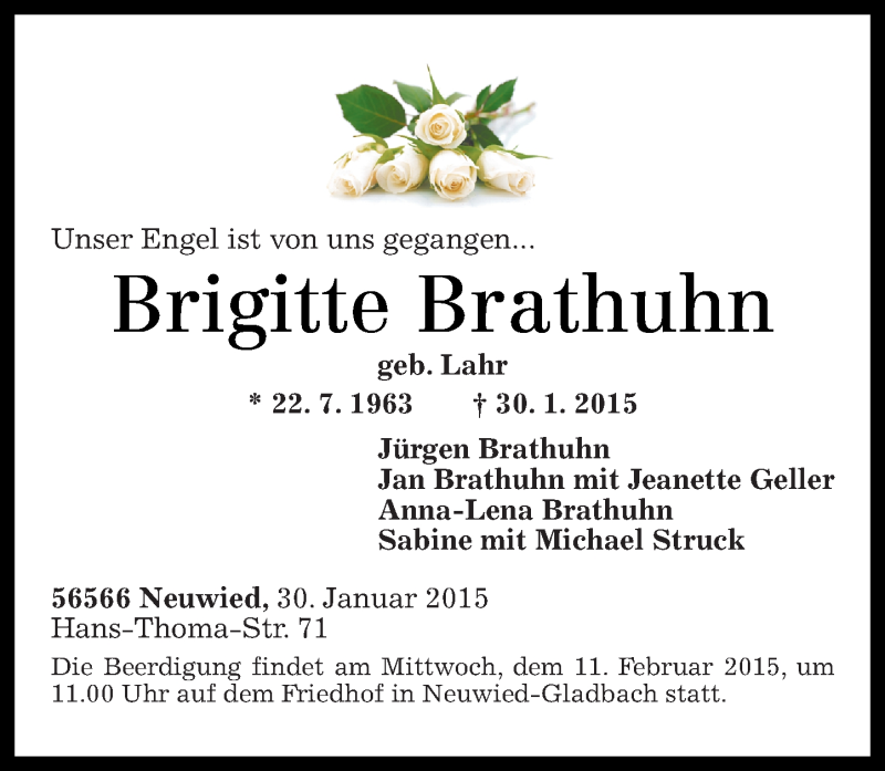  Traueranzeige für Brigitte Brathuhn vom 07.02.2015 aus Rhein-Zeitung