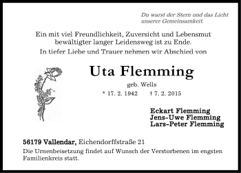 Traueranzeige von Uta Flemming von Rhein-Zeitung