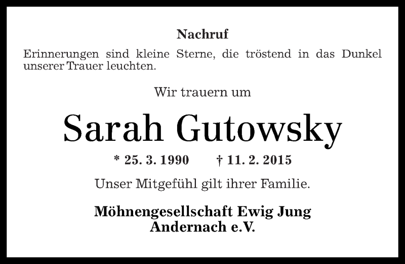  Traueranzeige für Sarah Gutowsky vom 18.02.2015 aus Rhein-Zeitung