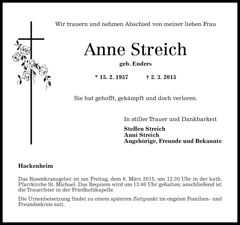  Traueranzeige für Anne Streich vom 05.03.2015 aus Oeffentlicher Anzeiger