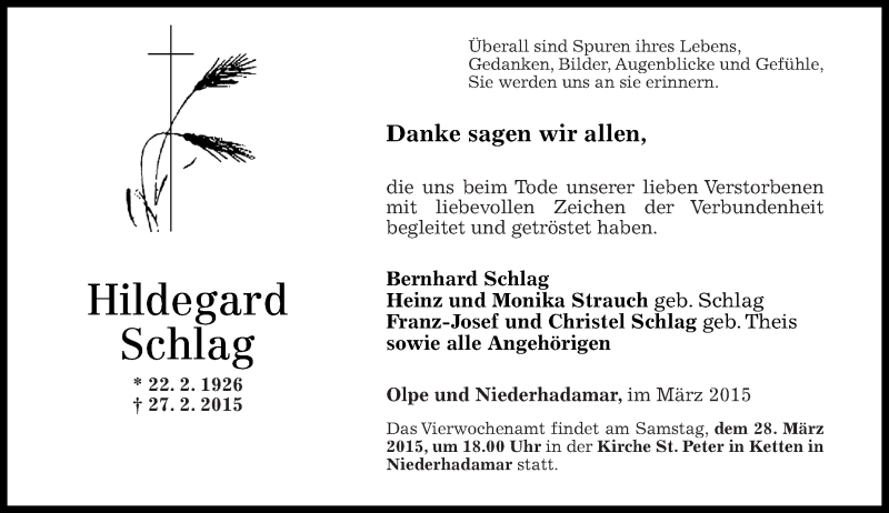 Traueranzeigen Von Hildegard Schlag Rz Trauer De