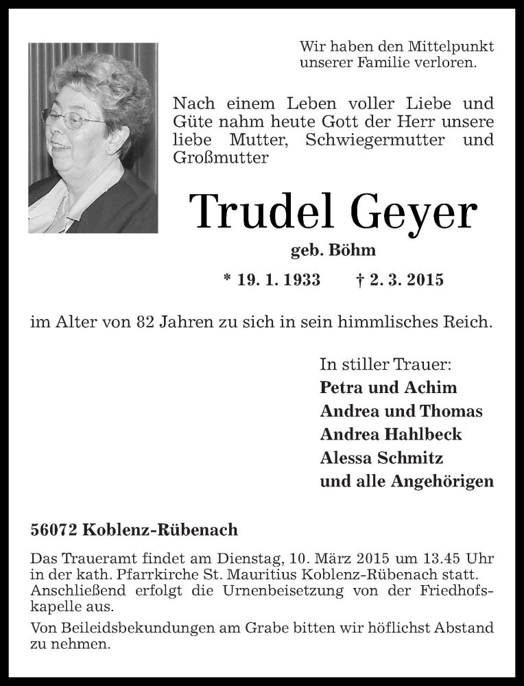  Traueranzeige für Trudel Geyer vom 07.03.2015 aus Rhein-Zeitung