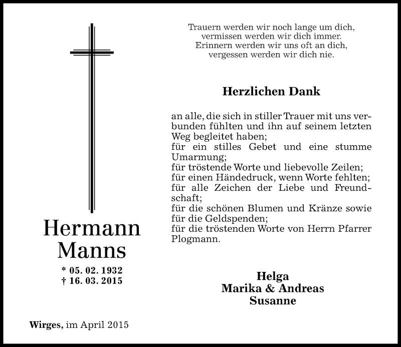 Traueranzeigen Von Hermann Manns | Rz-trauer.de