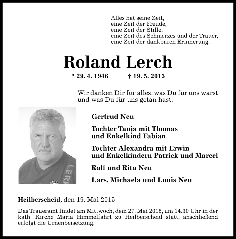  Traueranzeige für Roland Lerch vom 23.05.2015 aus Westerwälder Zeitung