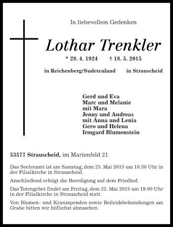 Traueranzeige von Lothar Trenkler von Rhein-Zeitung