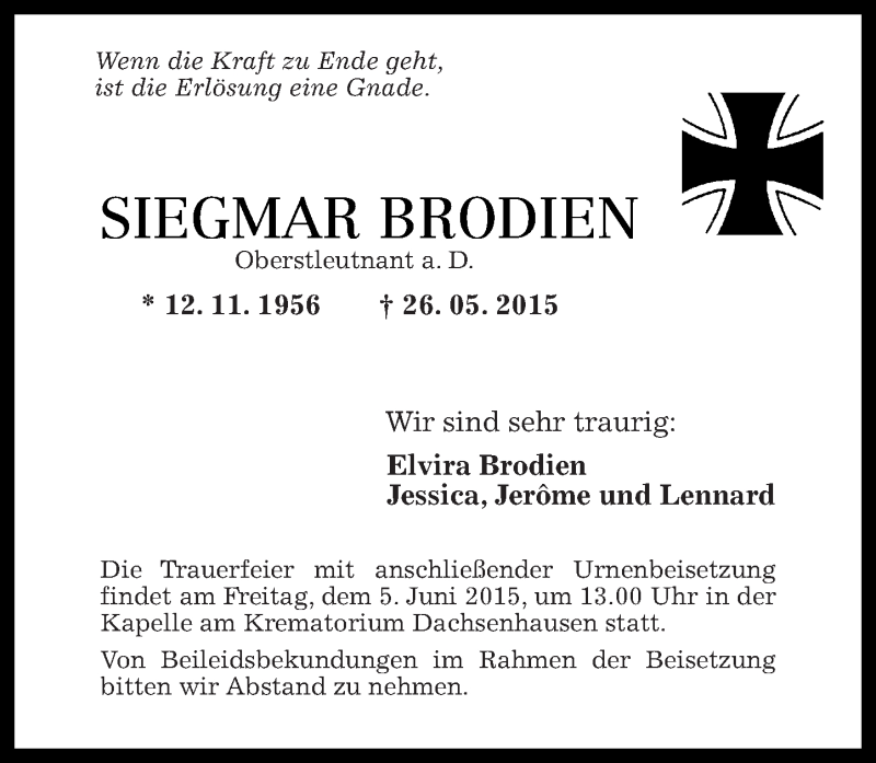  Traueranzeige für Siegmar Brodien vom 30.05.2015 aus Rhein-Zeitung