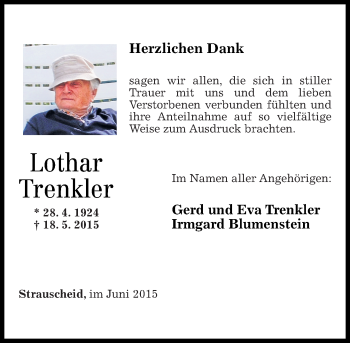 Traueranzeige von Lothar Trenkler von Rhein-Zeitung