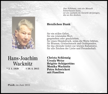 Traueranzeigen von HansJoachim Wacknitz rztrauer.de