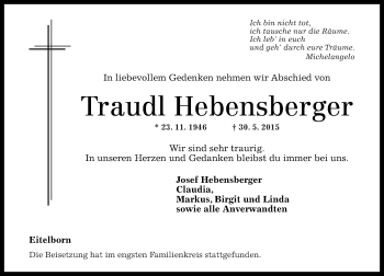 Traueranzeige von Traudl Hebensberger von Rhein-Zeitung