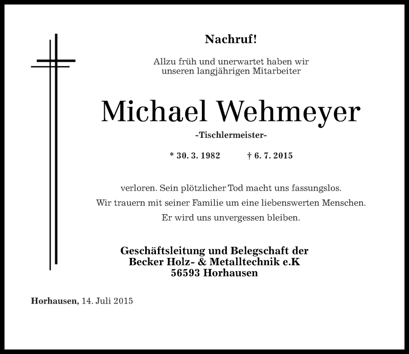  Traueranzeige für Michael Wehmeyer vom 14.07.2015 aus Rhein-Zeitung