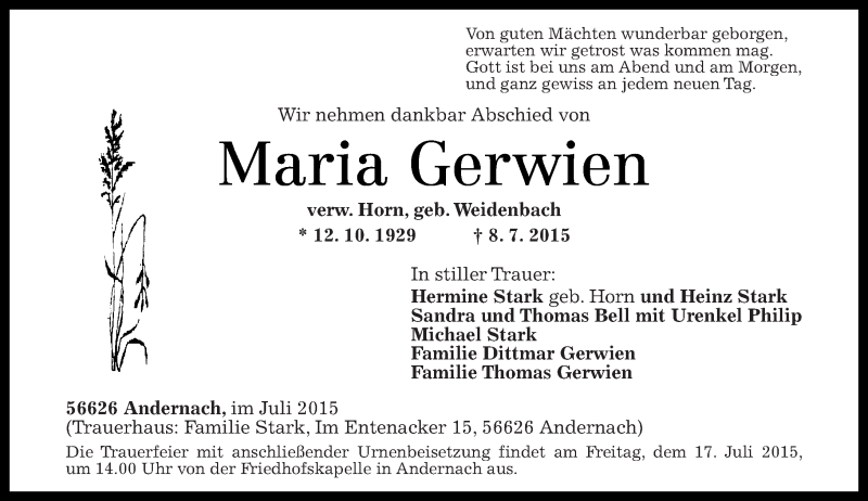  Traueranzeige für Maria Gerwien vom 11.07.2015 aus Rhein-Zeitung