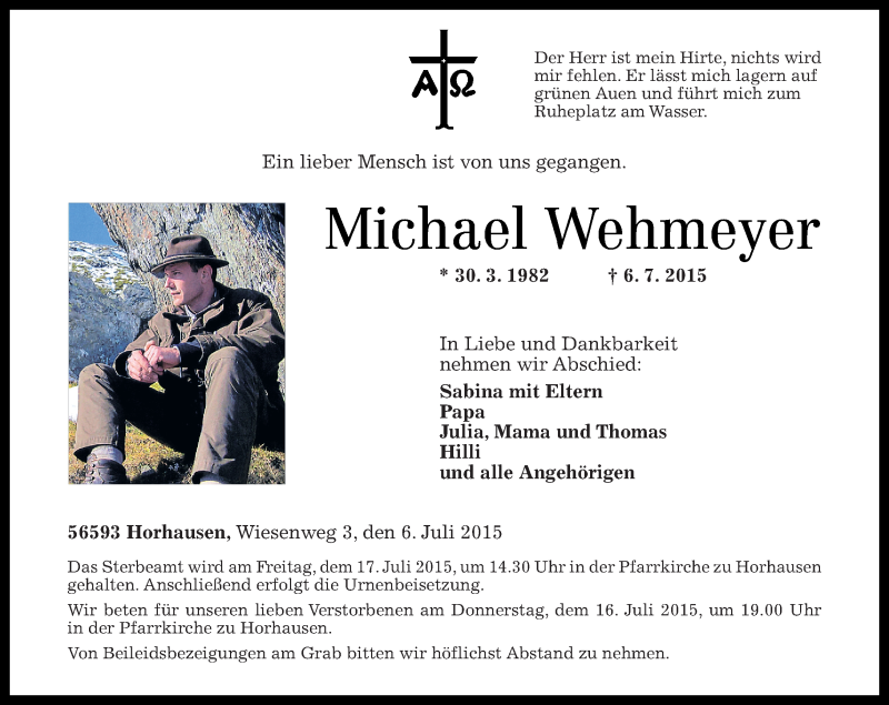  Traueranzeige für Michael Wehmeyer vom 14.07.2015 aus Rhein-Zeitung