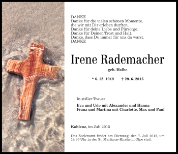 Traueranzeige von Irene Rademacher von Rhein-Zeitung