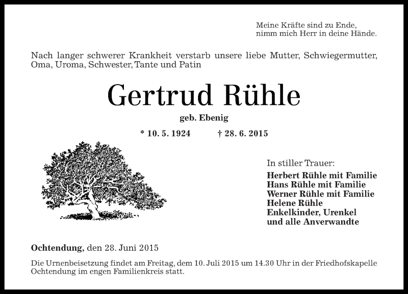 Traueranzeigen von Gertrud Rühle | rz-trauer.de