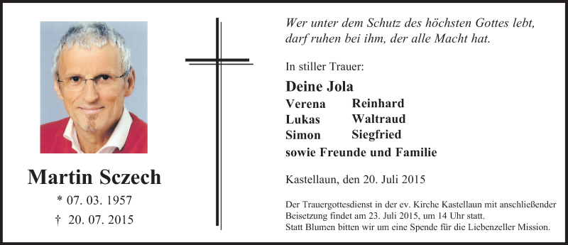  Traueranzeige für Martin Sczech vom 22.07.2015 aus Rhein-Hunsrück-Zeitung