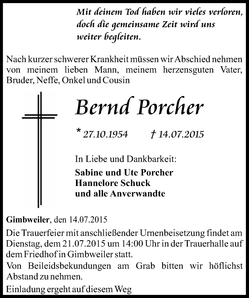  Traueranzeige für Bernd Porcher vom 18.07.2015 aus Nahe-Zeitung