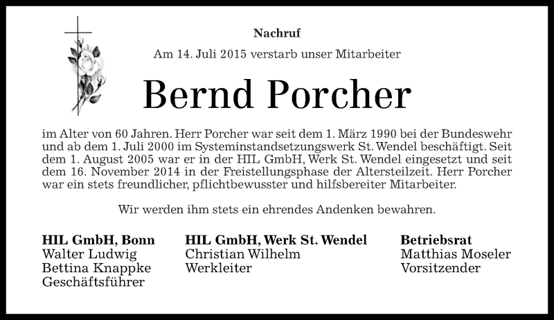  Traueranzeige für Bernd Porcher vom 22.07.2015 aus Nahe-Zeitung