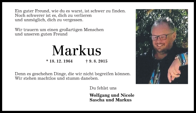  Traueranzeige für Markus Kalf vom 11.08.2015 aus Nahe-Zeitung