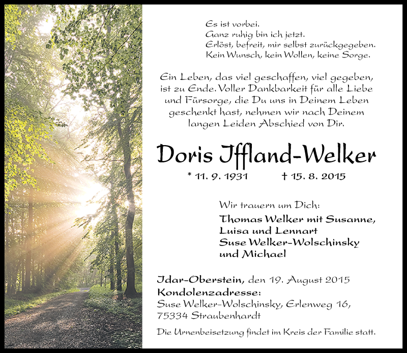  Traueranzeige für Doris Iffland-Welker vom 19.08.2015 aus Nahe-Zeitung