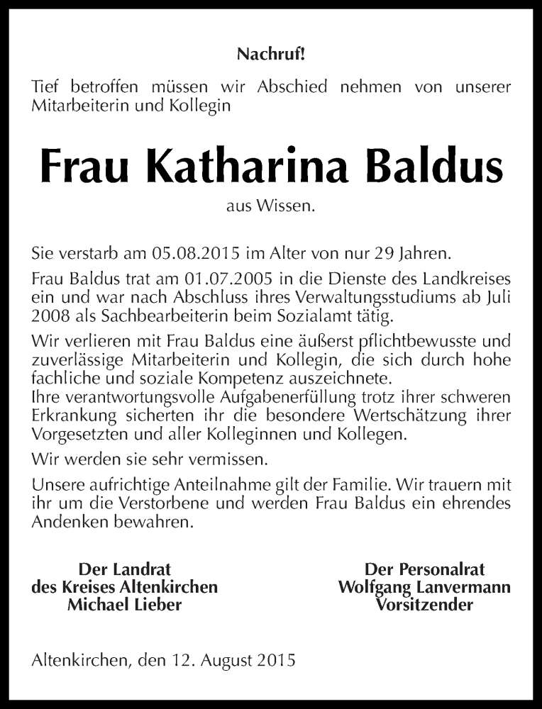  Traueranzeige für Katharina Baldus vom 12.08.2015 aus Rhein-Zeitung
