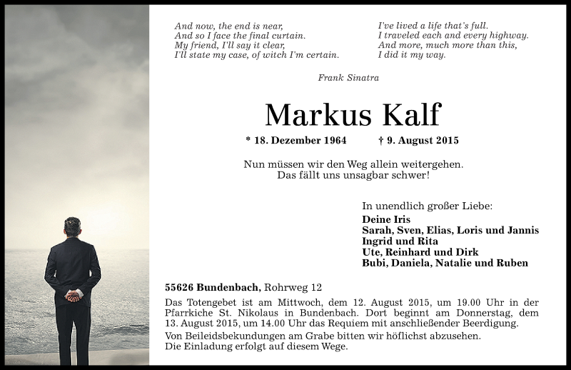  Traueranzeige für Markus Kalf vom 11.08.2015 aus Rhein-Zeitung