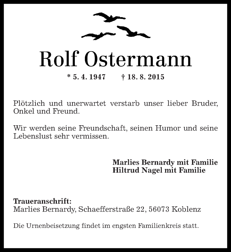  Traueranzeige für Rolf Ostermann vom 26.08.2015 aus Rhein-Zeitung