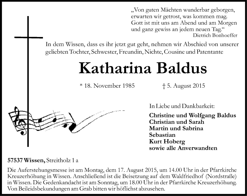  Traueranzeige für Katharina Baldus vom 11.08.2015 aus Rhein-Zeitung