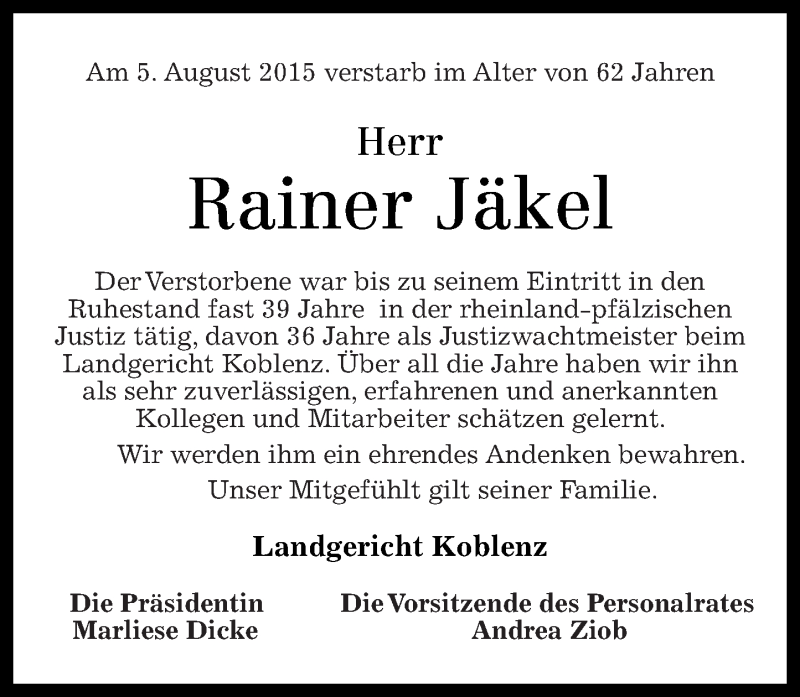  Traueranzeige für Rainer Jäkel vom 14.08.2015 aus Rhein-Zeitung