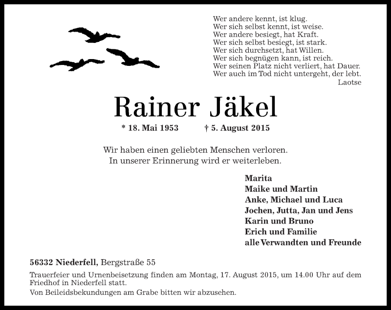  Traueranzeige für Rainer Jäkel vom 08.08.2015 aus Rhein-Zeitung