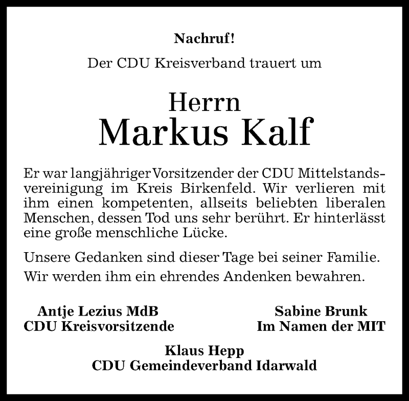  Traueranzeige für Markus Kalf vom 12.08.2015 aus Nahe-Zeitung