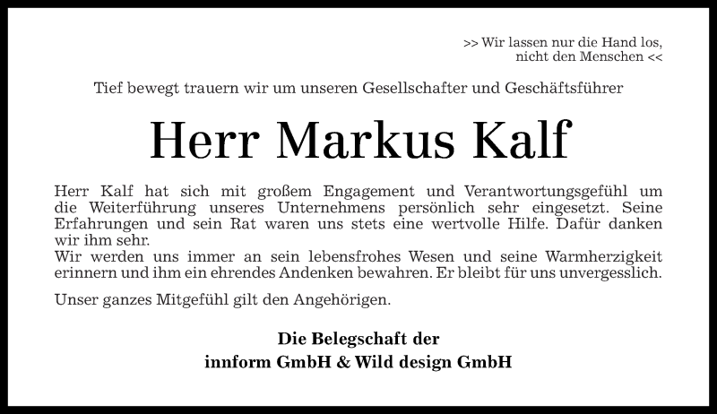  Traueranzeige für Markus Kalf vom 12.08.2015 aus Rhein-Zeitung