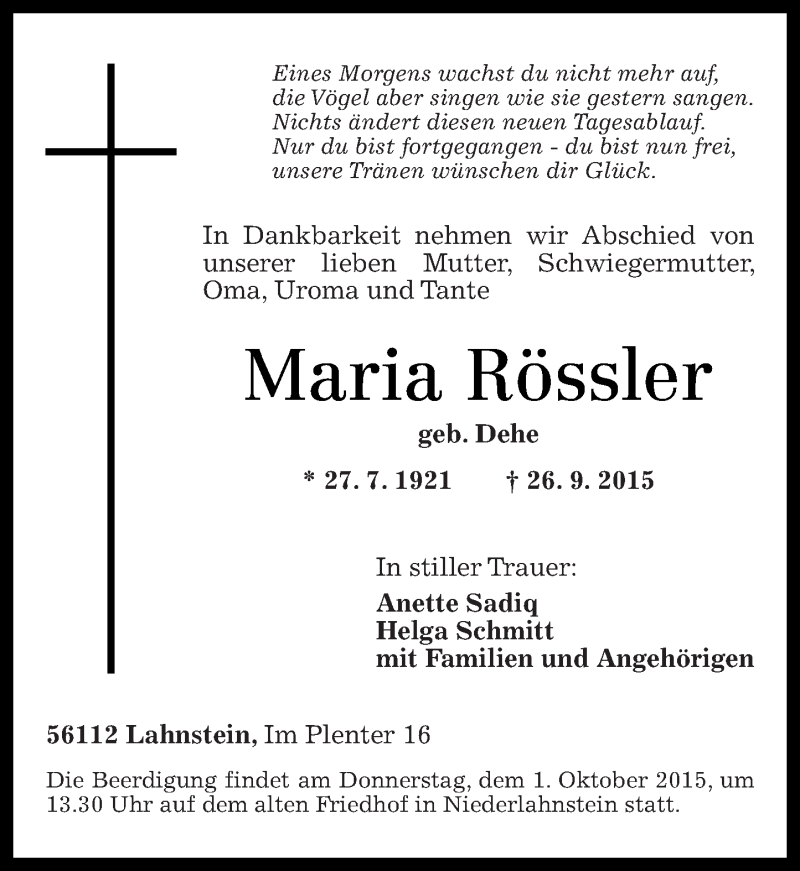 Traueranzeigen von Maria Rössler | rz-trauer.de