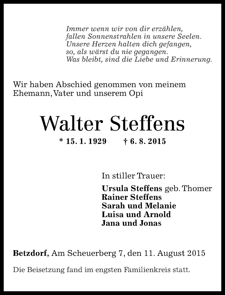  Traueranzeige für Walter Steffens vom 05.09.2015 aus Rhein-Zeitung