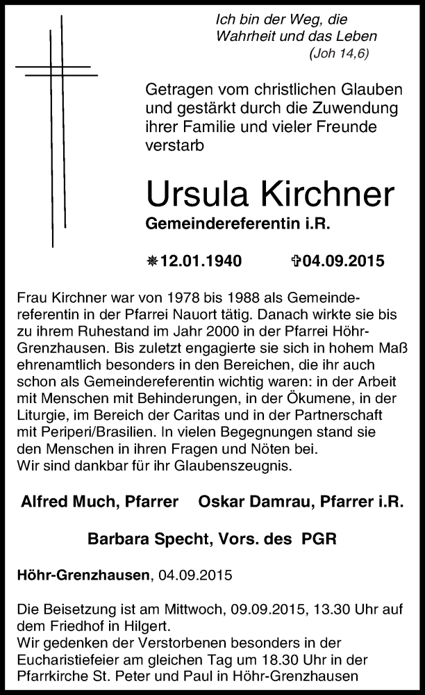  Traueranzeige für Ursula Kirchner vom 07.09.2015 aus Westerwälder Zeitung