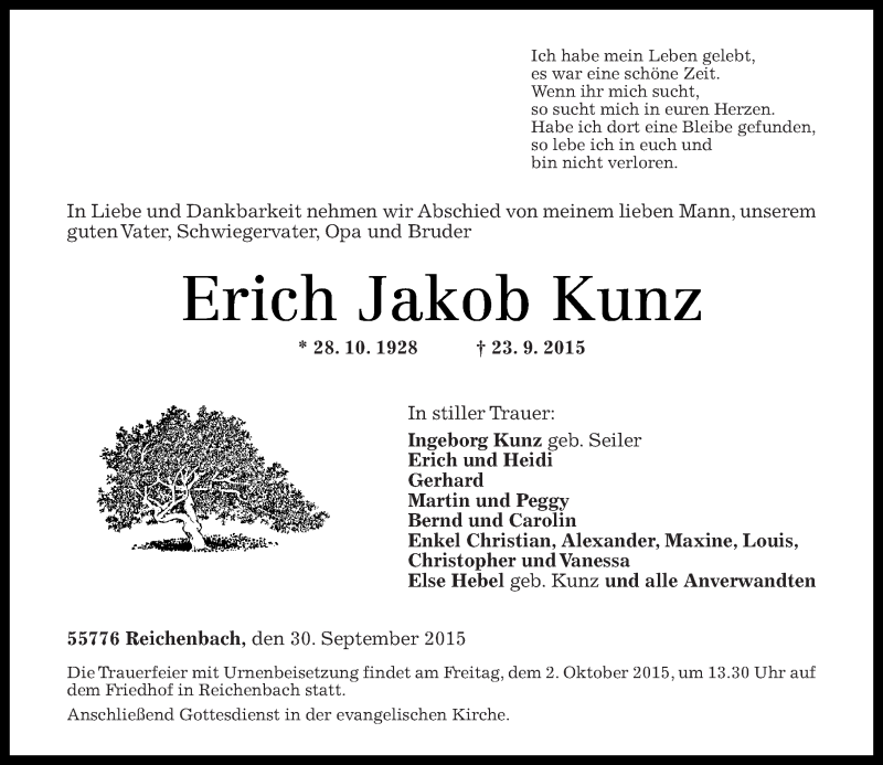  Traueranzeige für Erich Jakob Kunz vom 30.09.2015 aus Nahe-Zeitung