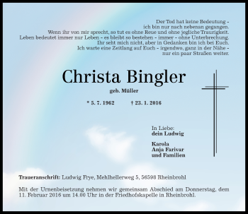 Traueranzeige von Christa Bingler von Rhein-Zeitung