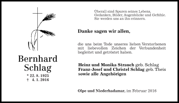 Traueranzeige von Bernhard Schlag von Westerwälder Zeitung