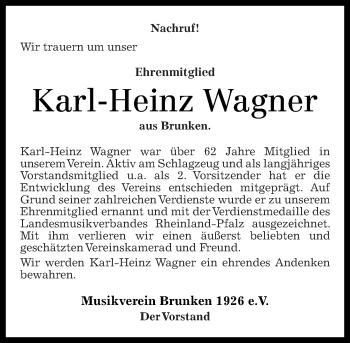Traueranzeige von Karl-Heinz Wagner von Rhein-Zeitung