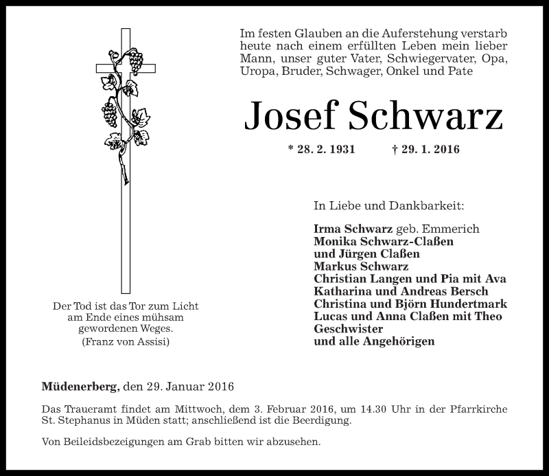 Traueranzeigen Von Josef Schwarz | Rz-trauer.de