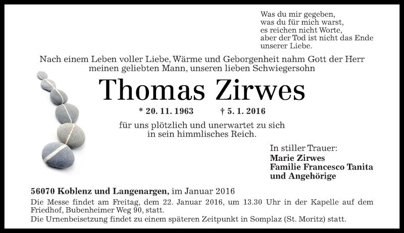  Traueranzeige für Thomas Zirwes vom 20.01.2016 aus Rhein-Zeitung