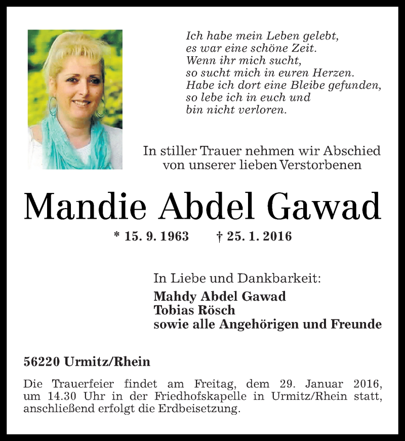  Traueranzeige für Mandie Abdel Gawad vom 27.01.2016 aus Rhein-Zeitung