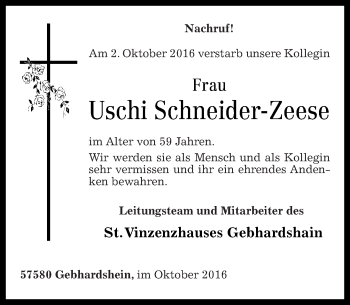 Traueranzeige von Uschi Schneider-Zeese von Rhein-Zeitung