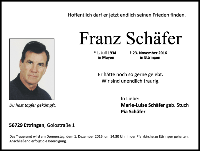  Traueranzeige für Franz Schäfer vom 26.11.2016 aus Rhein-Zeitung