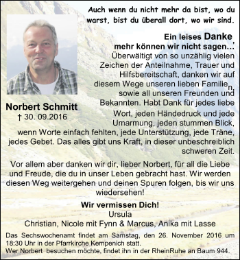 Traueranzeige von Norbert Schmitt von Rhein-Zeitung
