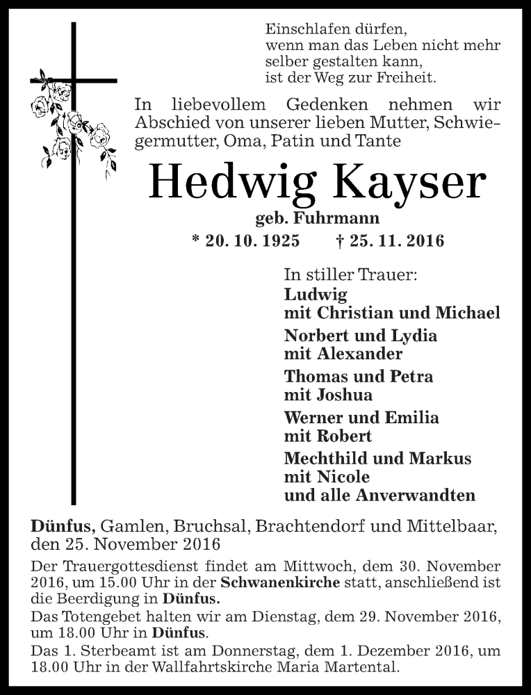  Traueranzeige für Hedwig Kayser vom 28.11.2016 aus Rhein-Zeitung