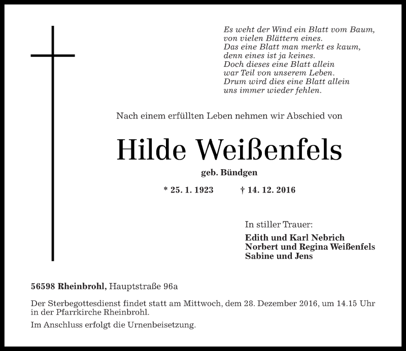 Traueranzeigen von Hilde Weißenfels | rz-trauer.de