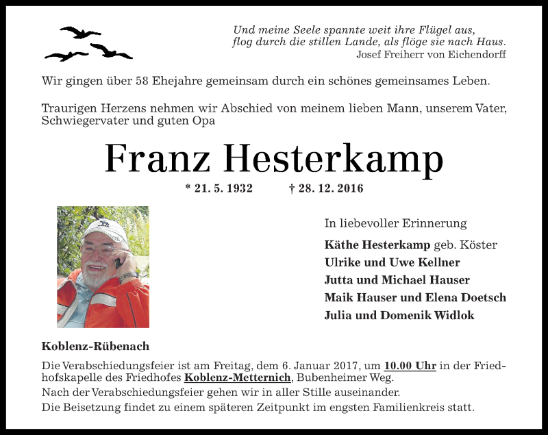  Traueranzeige für Franz Hesterkamp vom 31.12.2016 aus Rhein-Zeitung