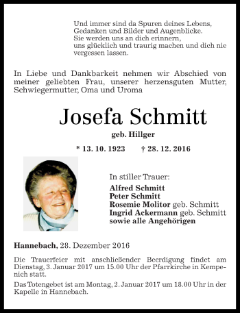 Traueranzeige von Josefa Schmitt von Rhein-Zeitung