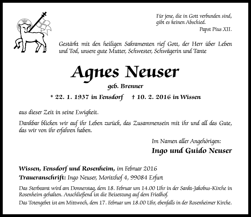  Traueranzeige für Agnes Neuser vom 15.02.2016 aus Rhein-Zeitung