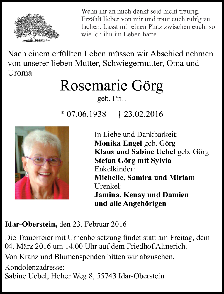 Traueranzeigen von Rosemarie Görg | rz-trauer.de